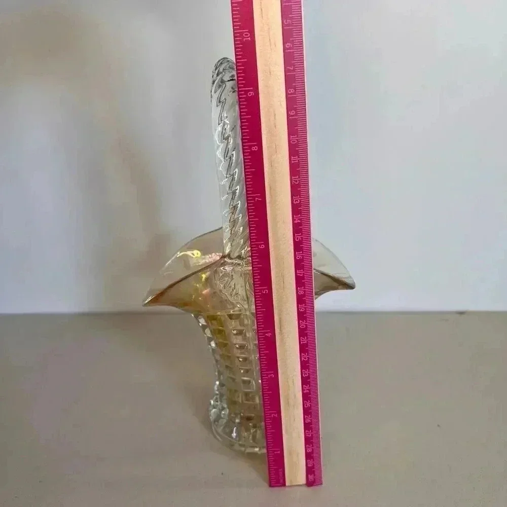 Vintage Imperial Carnival Marigold Iridescent Waffle Block‎ Glass Basket Vase